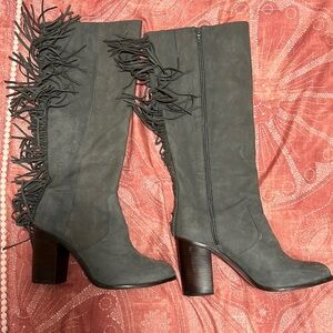 Gianni Bini Fringe Boots, Gray, Size 10